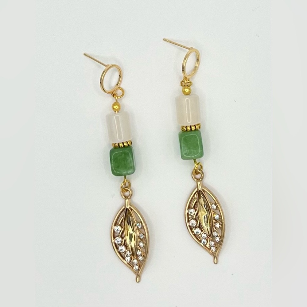 Natural Peridot & White Calcite Drop Earrings with Gold Tone Leaf Charm